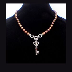 Vintage 18k Key Pendant Necklace with Chocolate freshwater pearls And 925 Silver